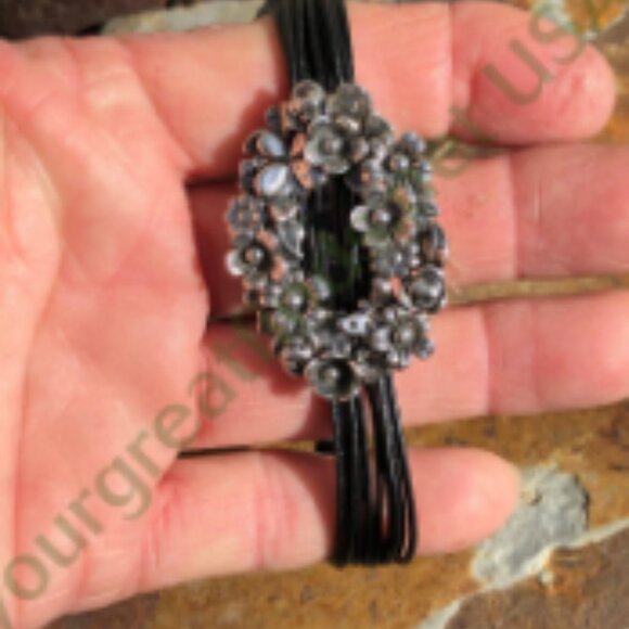 Sterling Silver Floral Buckle Bracelet on Black Leather Cording - Picture 4 of 5